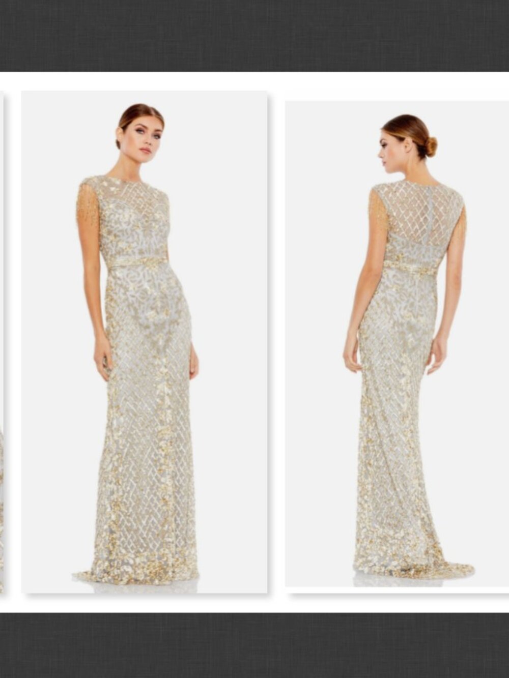 NWT $598 Mac Duggal High Neck Sleeveless Beaded Fringe Gown Platinum  Size 10